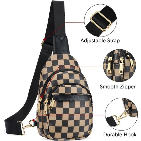 Women Checkered Coffee Imported Leather Small Crossbody Chest Sling Travel Bag - Picture 7 of 8